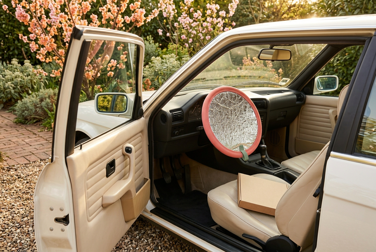 Lifestyle image of cover over steering wheel in empty safely parked car with open driver door
