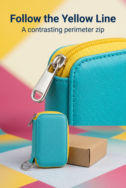 English detail panel highlighting yellow perimeter zipper and silver-tone pull