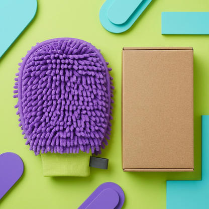 Overhead main image of matching purple wash mitt and unprinted kraft packaging