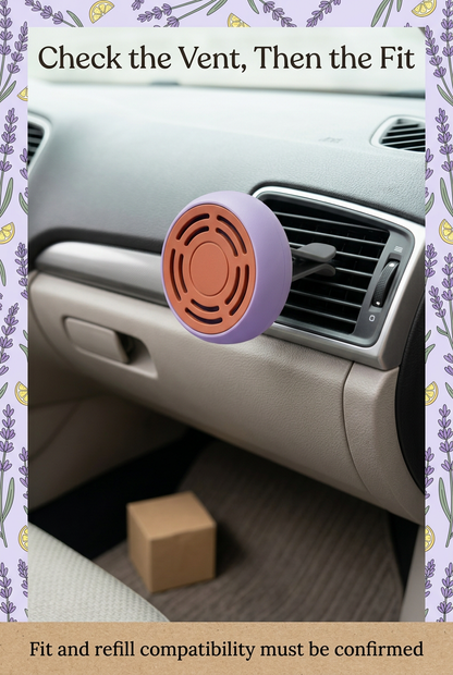 English fit-check panel showing illustrative passenger vent placement in a parked vehicle