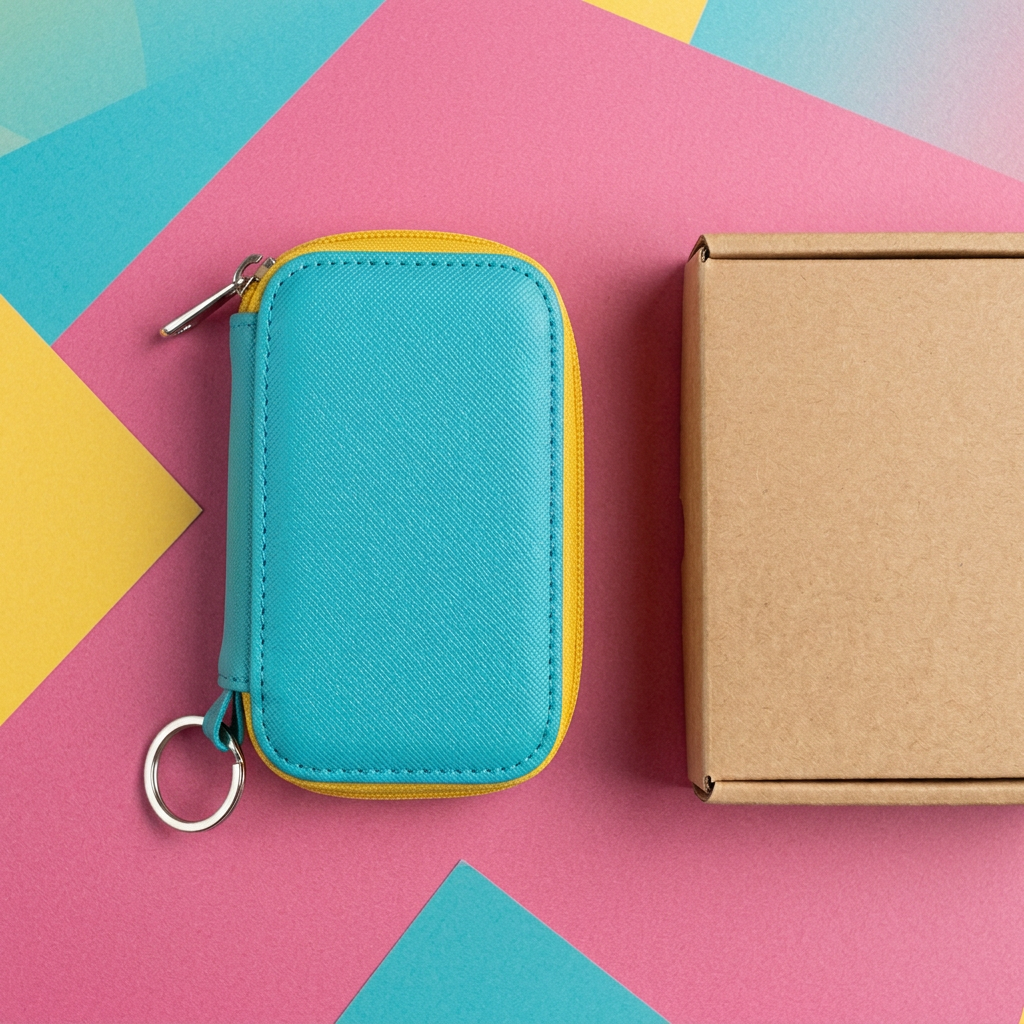 Overhead main image of matching closed key case and unprinted packaging