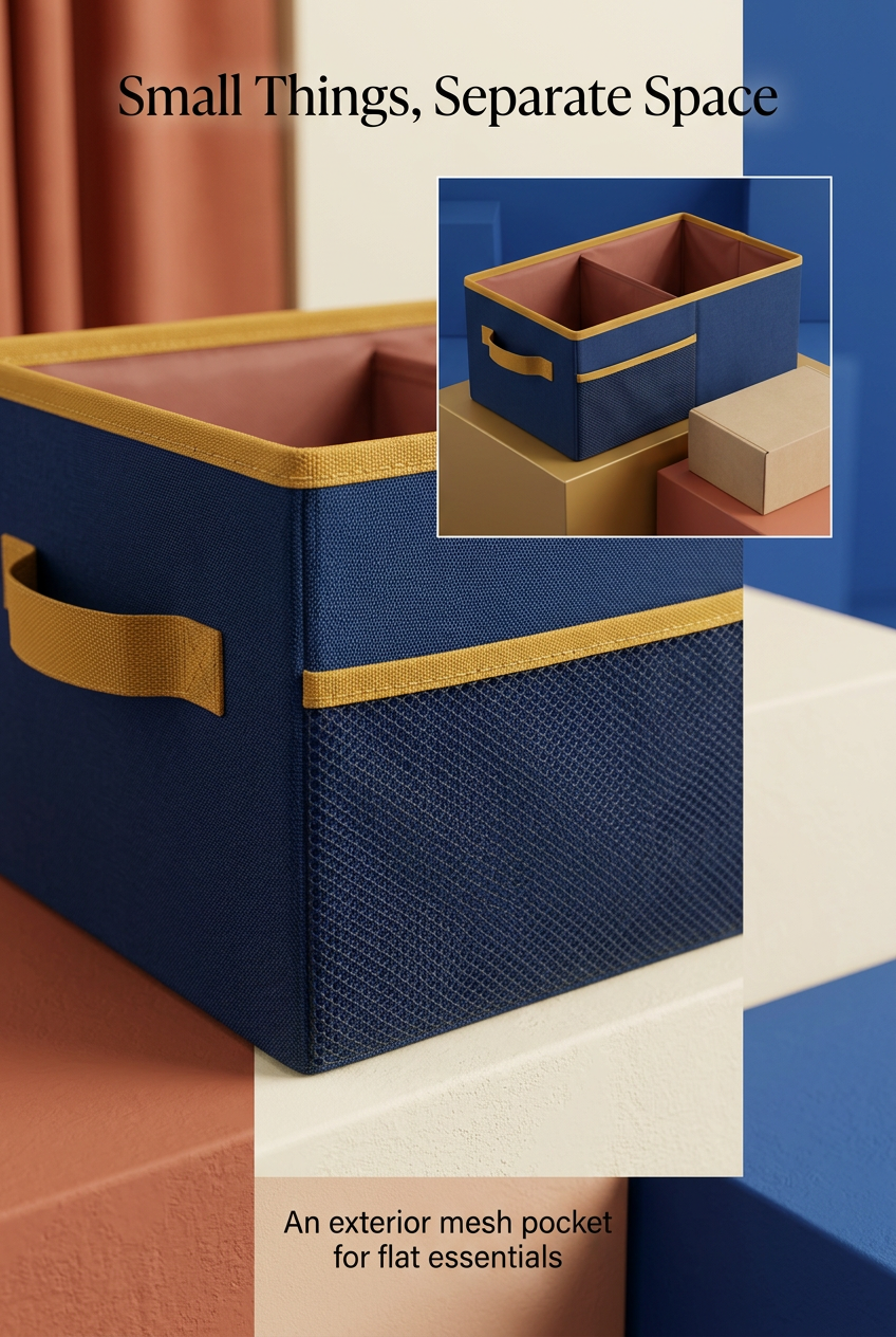 English detail image showing exterior navy mesh pocket and woven fabric texture