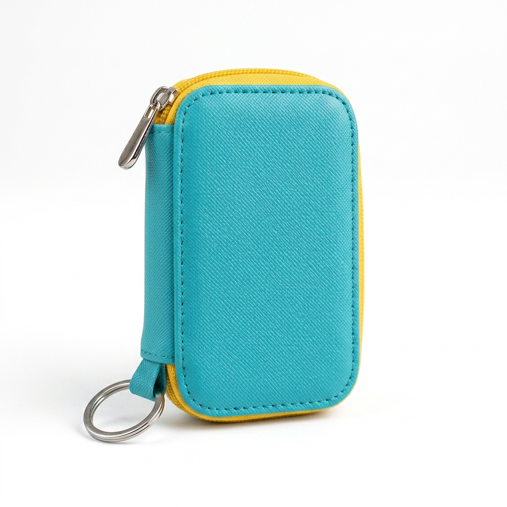 Single closed turquoise and yellow key case isolated on white background
