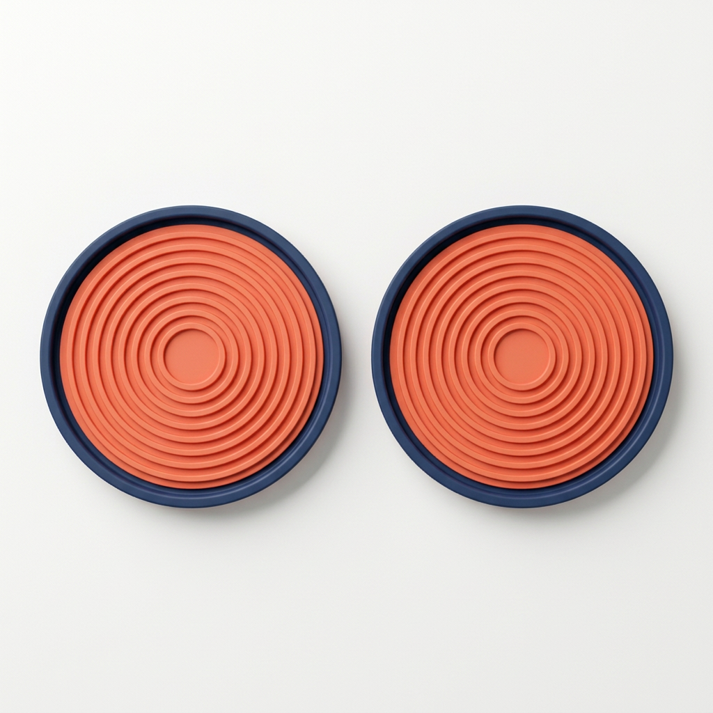 Two matching navy coral round coasters isolated side by side on white