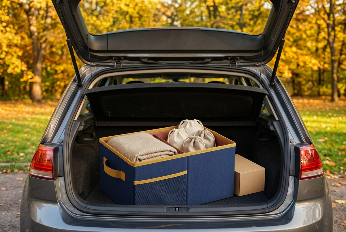 Lifestyle image of organizer holding blanket and shopping pouches in a parked car trunk
