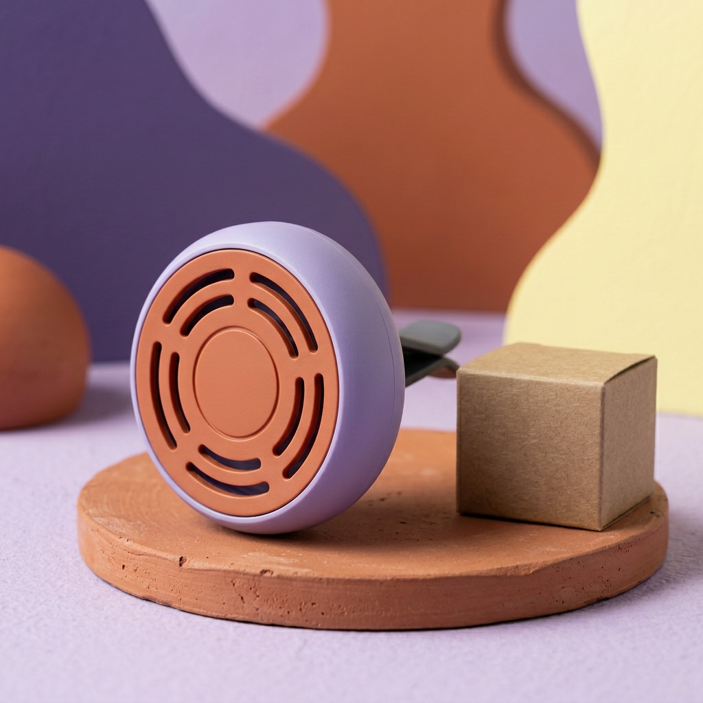 Angled main image of single lavender terracotta holder on terracotta podium