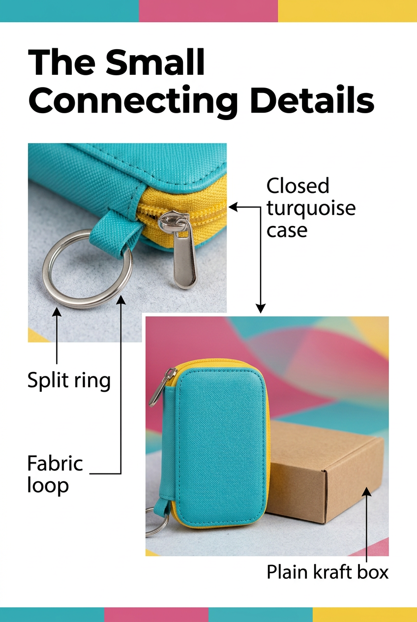 English detail panel showing turquoise loop and silver-tone split ring