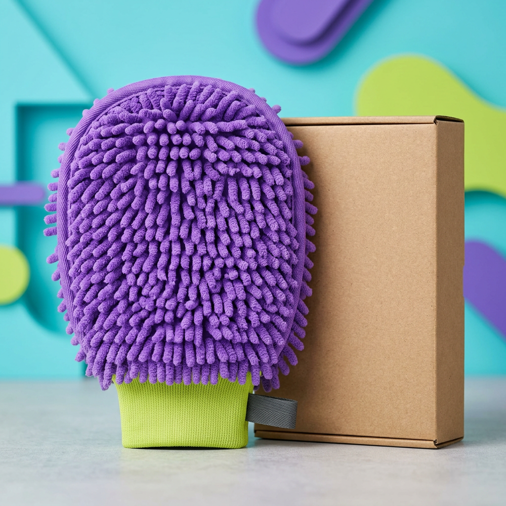 Main image of violet chenille-style car wash mitt with lime cuff and plain kraft box