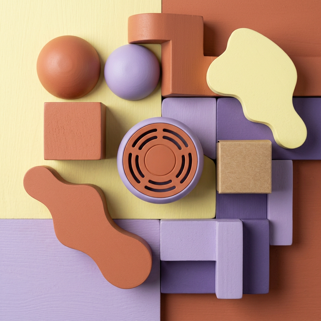 Overhead main image of circular slotted holder and unprinted packaging on colorful shapes