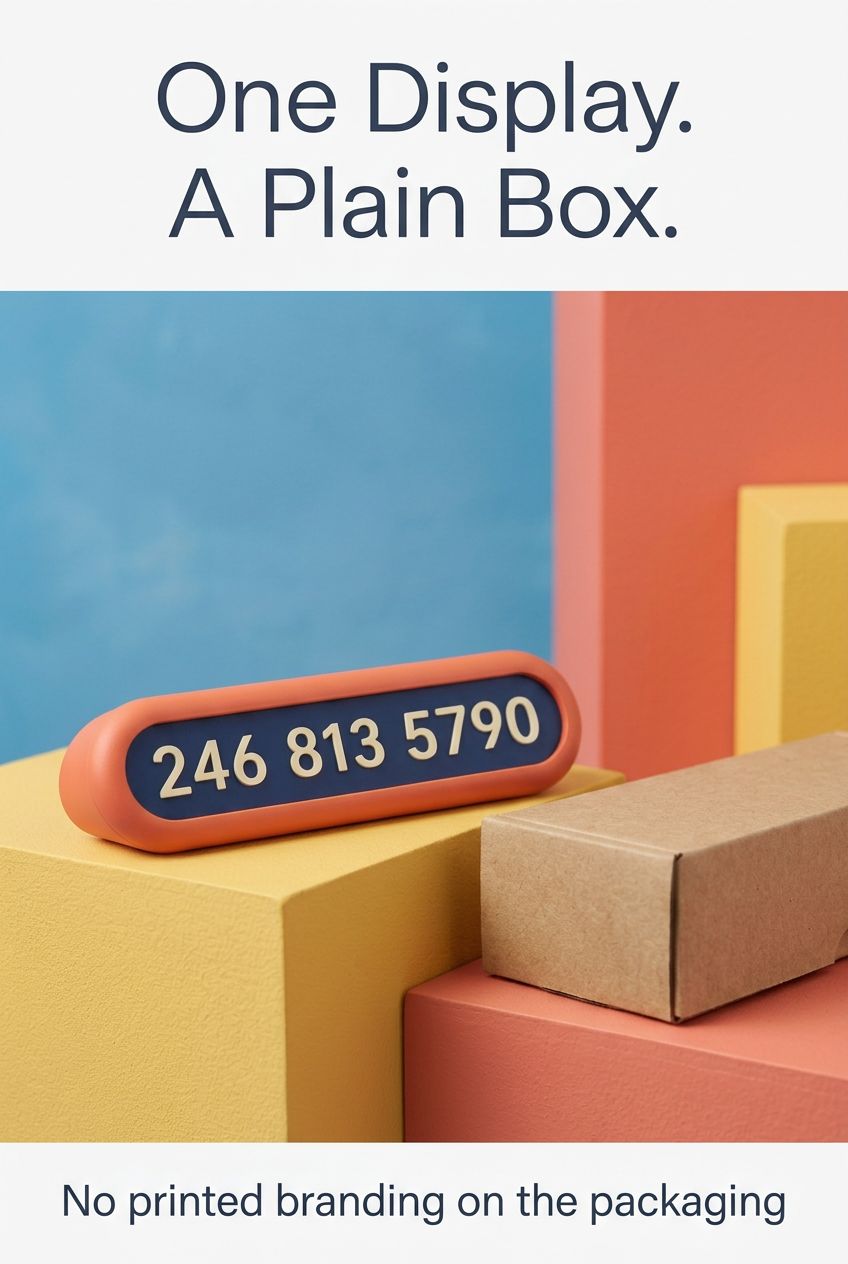 English packaging detail showing one number display and one plain box