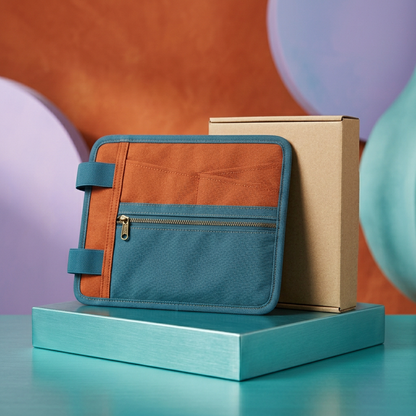 Orange and blue visor organizer on turquoise podium beside plain packaging
