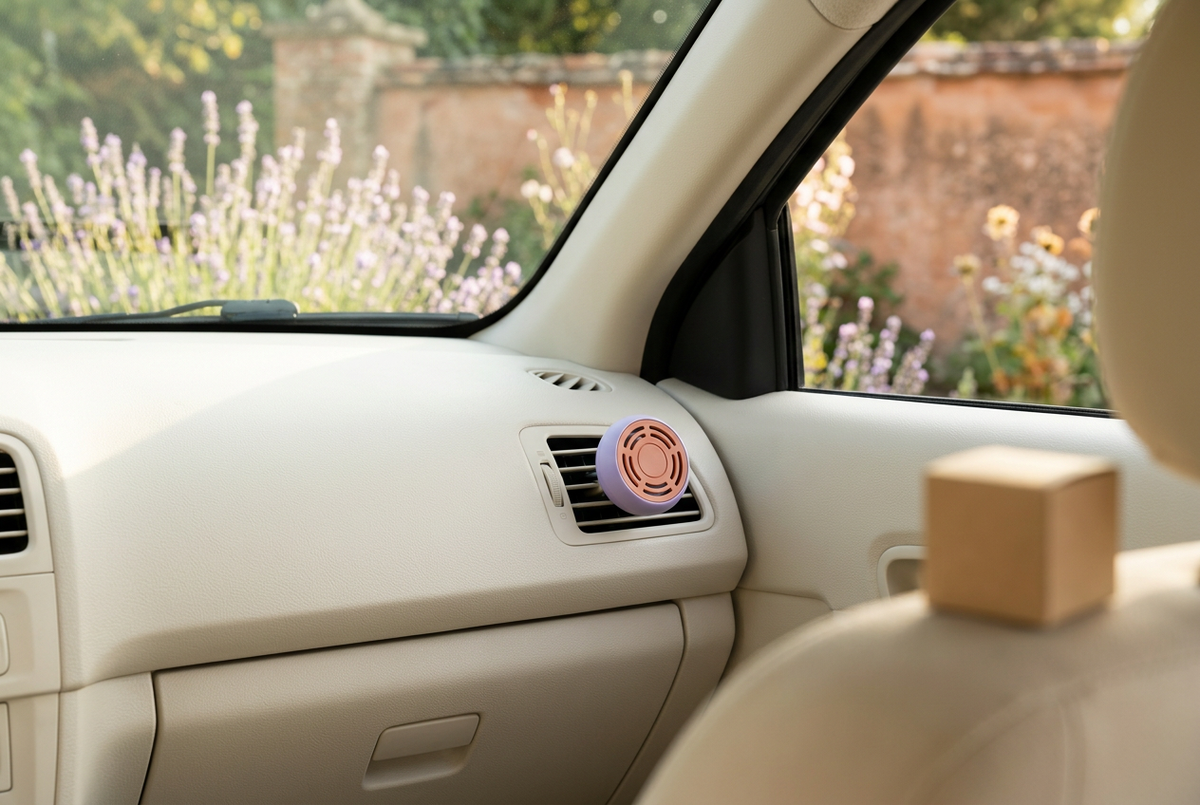 Lifestyle image of matching holder on passenger air vent in safely parked car