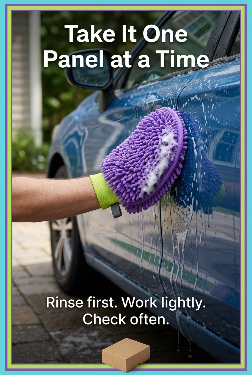 English panel-by-panel wash guide showing matching mitt on a wet blue car door