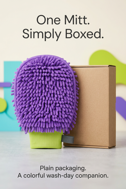 English packaging detail showing one wash mitt and one plain kraft box