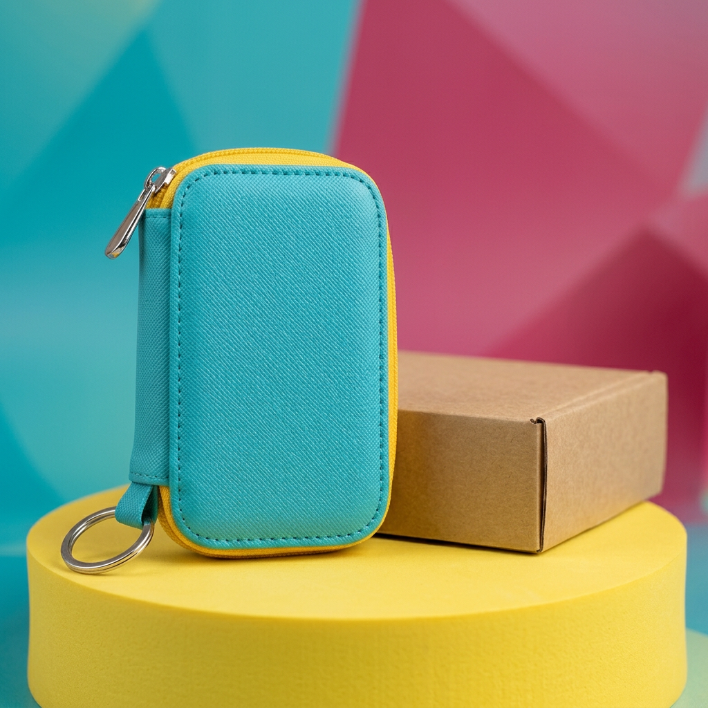 Turquoise and yellow key case on yellow podium beside plain kraft box