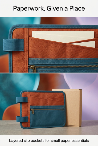 English detail panel showing layered slip pockets with blank paper props