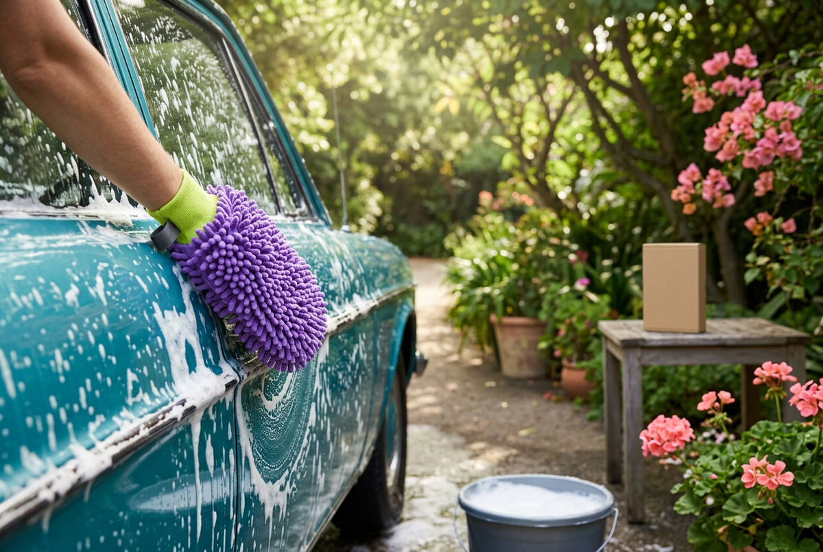 Lifestyle scene of violet and lime mitt washing a parked turquoise car with suds
