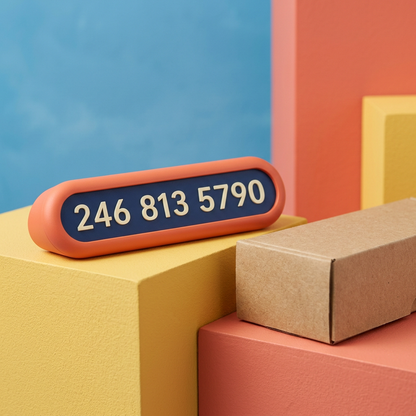 Coral and navy parking number display with cream sample digits beside plain kraft packaging