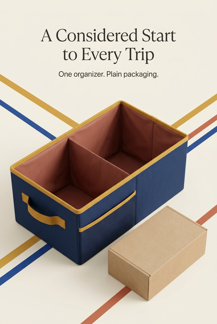English packaging detail with one two-compartment organizer and a plain kraft box