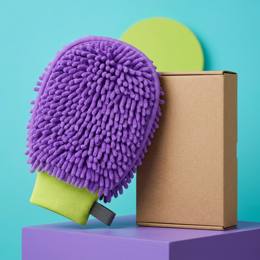 Single violet and lime wash mitt displayed diagonally on purple podium beside plain box