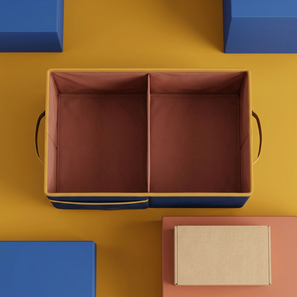 Overhead main image showing two open compartments and central divider beside unbranded packaging
