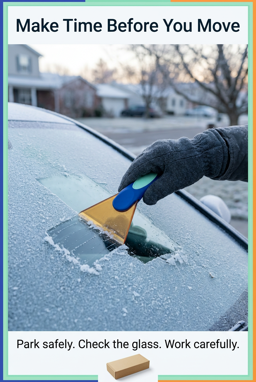 English winter preparation panel showing scraper used on exterior windshield frost