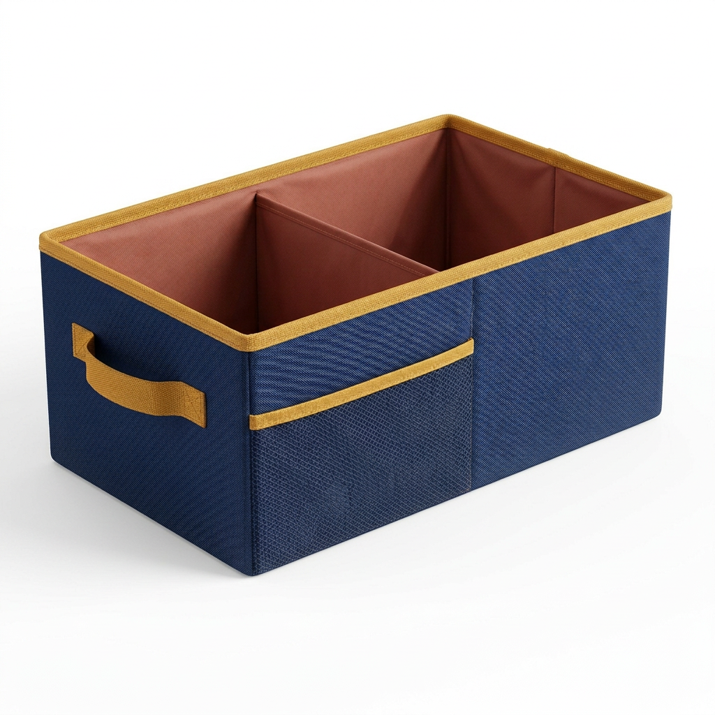 Navy mustard and terracotta trunk organizer isolated on white background