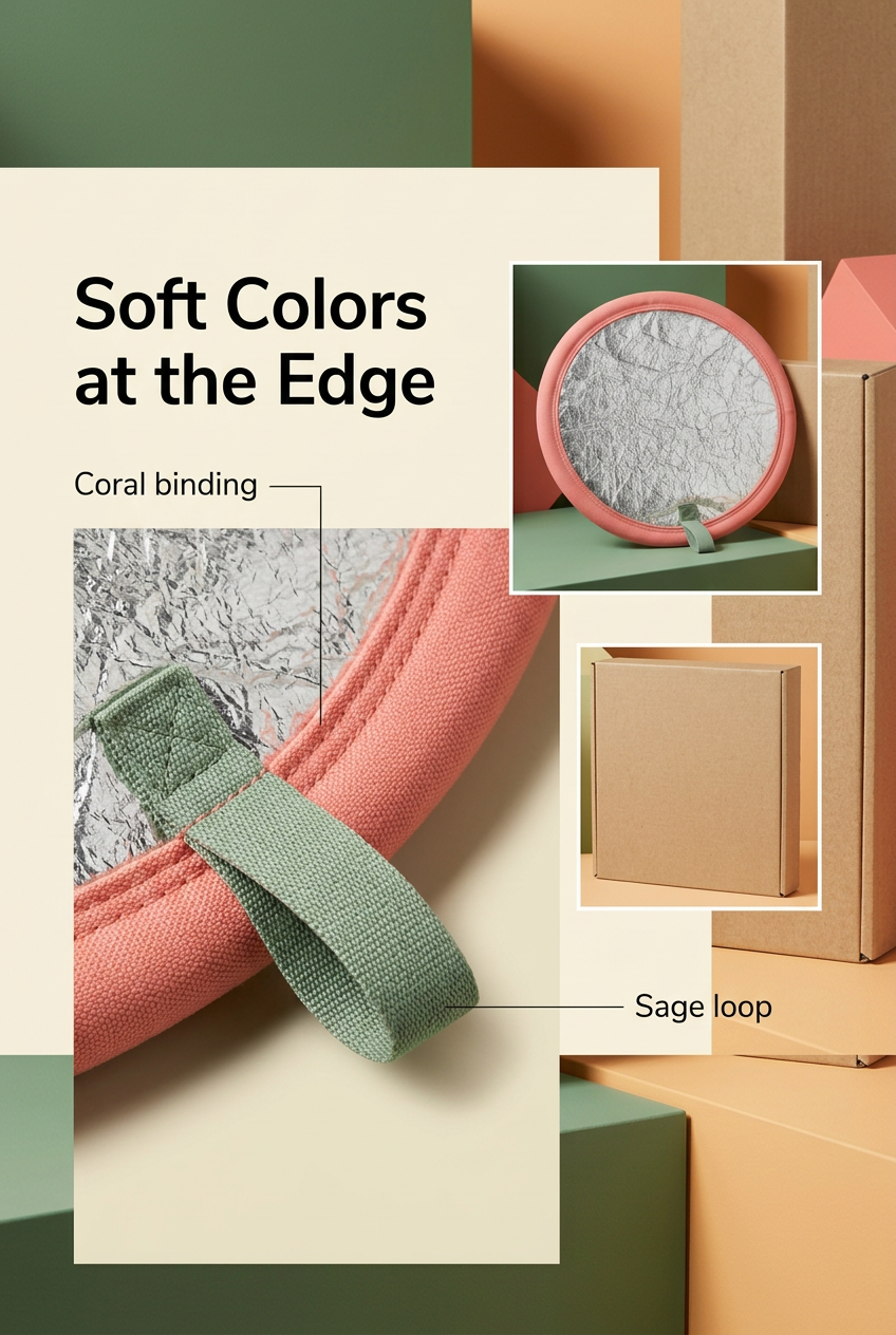 English close-up panel highlighting coral fabric binding and sage loop